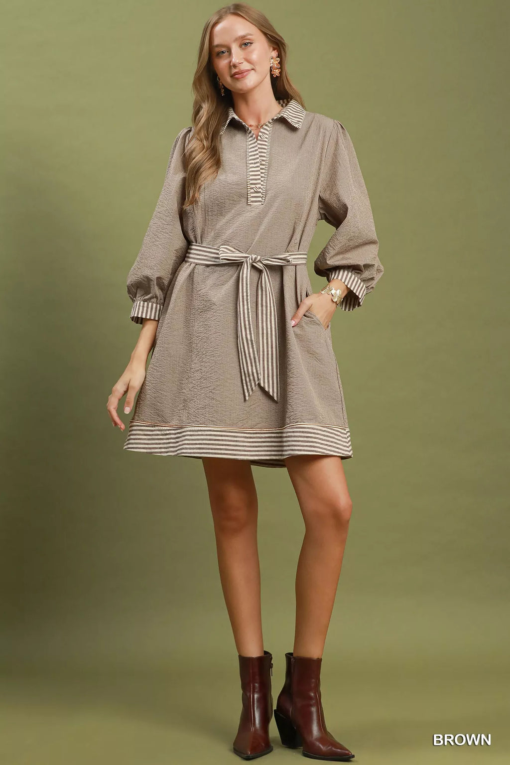 YSONA Umgee Striped Contrast Belted Puff Sleeve Mini Dress — detail view | Women's Dress | Shop YSONA