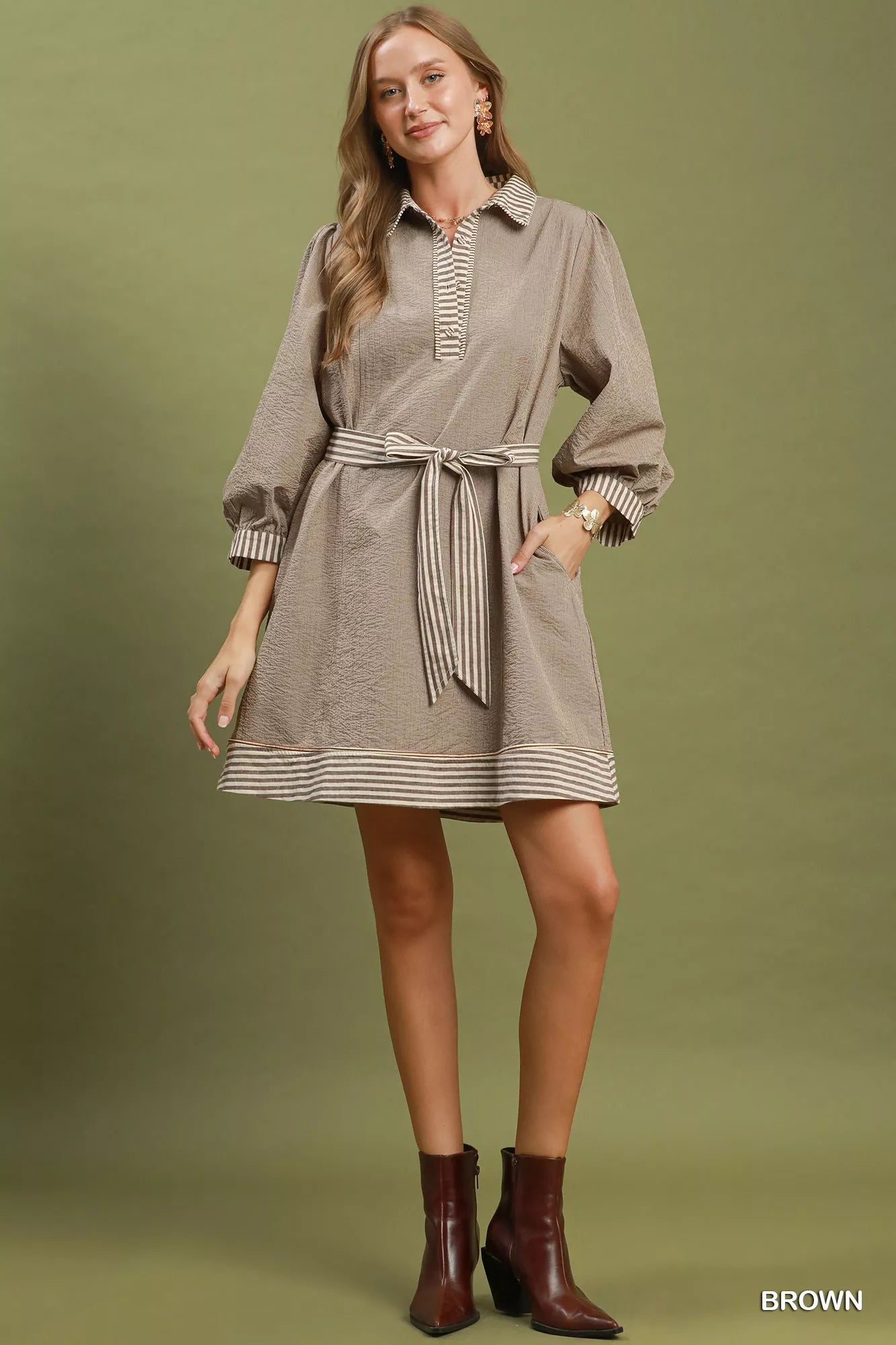 YSONA Umgee Striped Contrast Belted Puff Sleeve Mini Dress — detail view | Women's Dress | Shop YSONA