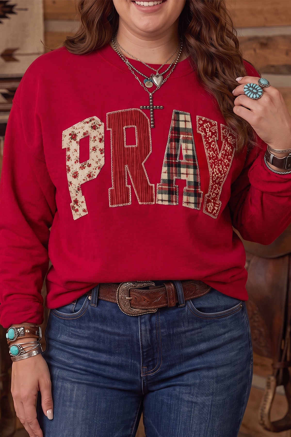 Coffee PRAY Letter Patchwork Round Neck Long Sleeve Plus Size Sweatshirt