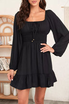 YSONA Solid Color Long Sleeve Shirred Drawstring Ruffle Mini Dress — side view | Women's Dress