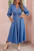 YSONA V Neck Shirred Waist Metal Zipper Denim Midi Dress — side view | Women's Dress | Shop YSONA