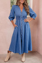 YSONA V Neck Shirred Waist Metal Zipper Denim Midi Dress — side view | Women's Dress | Shop YSONA