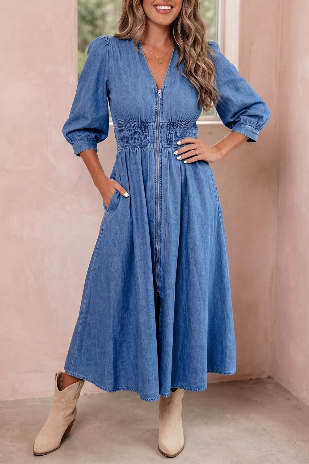 YSONA V Neck Shirred Waist Metal Zipper Denim Midi Dress — side view | Women's Dress | Shop YSONA