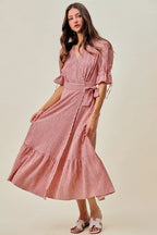 YSONA Stripe Textured Short Sleeves Lined Wrap Midi Dress — detail view | Women's Dress | Shop YSONA