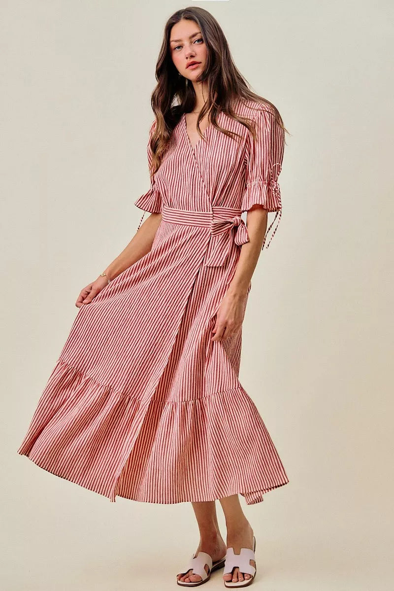 YSONA Stripe Textured Short Sleeves Lined Wrap Midi Dress — detail view | Women's Dress | Shop YSONA