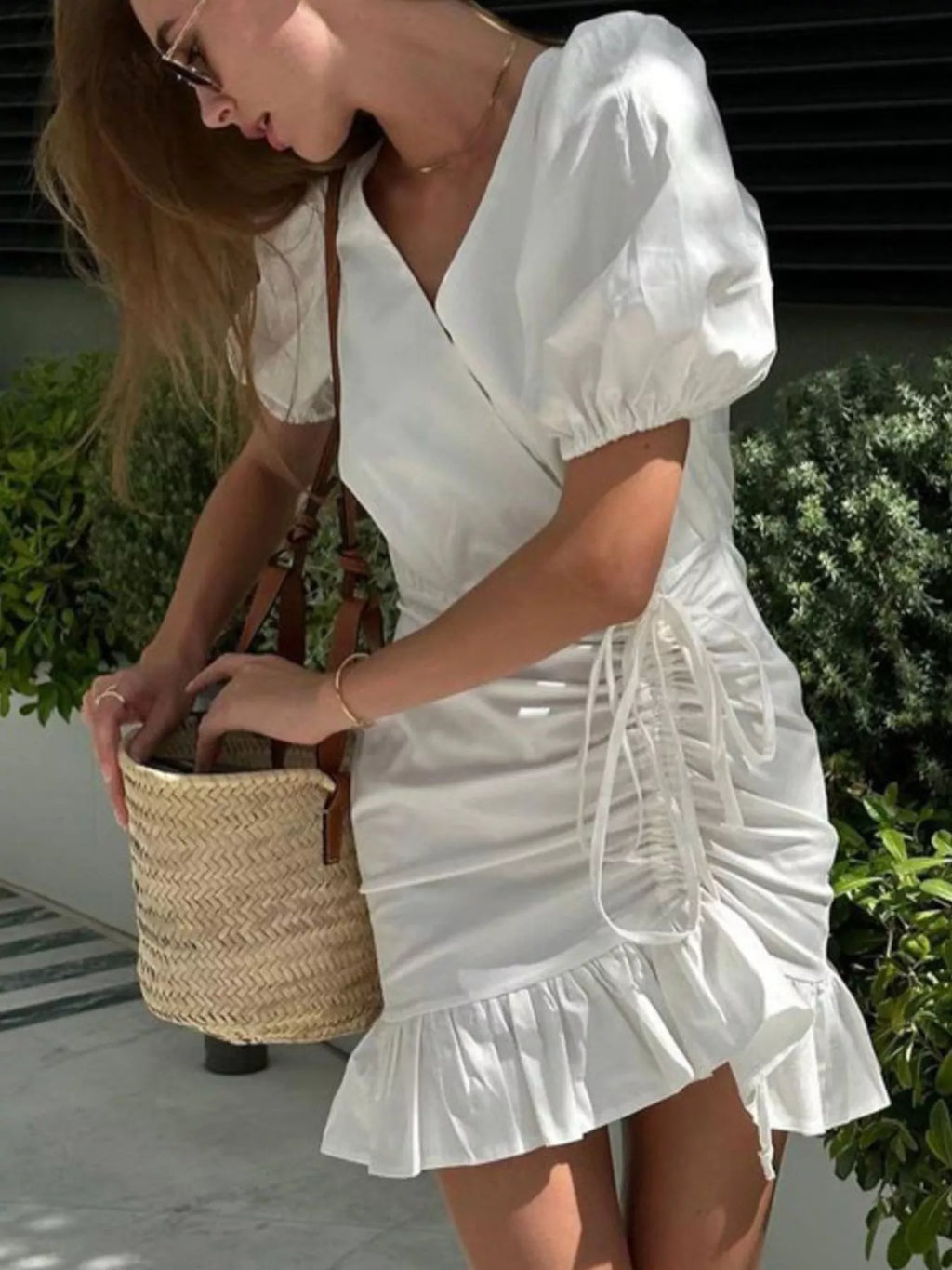 YSONA Ruffled Hem Ruched Puff Sleeve Mini Dress — side view | Women's Dress | Shop YSONA