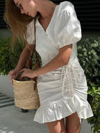 YSONA Ruffled Hem Ruched Puff Sleeve Mini Dress — side view | Women's Dress | Shop YSONA
