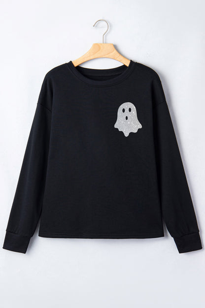 Black Round Neck Ghost Print Regular Fit Graphic Long Sleeve T-Shirt