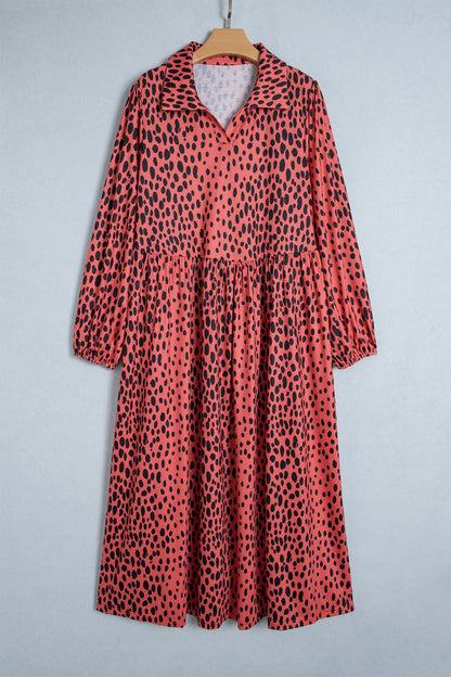 Red Leopard Print Long Sleeve V Neck Plus Size Midi Dress