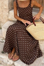 YSONA Polka Dot Print Square Neck Sleeveless Vacation Maxi Dress — detail view | Women's Dress