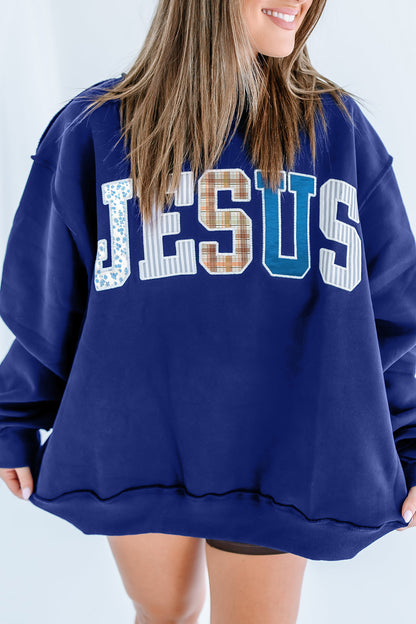 Bonbon WWJD Mixed Pattern Embroidered Patch Graphic Mock Neck Sweatshirt