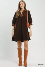 YSONA Umgee V-Neck Shift Dress with Contrast Trim — detail view | Women's Dress | Shop YSONA