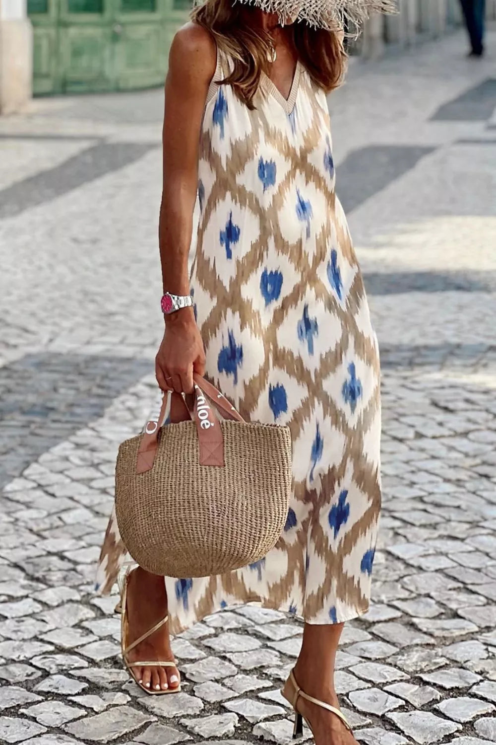 YSONA Abstract Print V Neck Sleeveless Midi Dress — side view | Women's Dress | Shop YSONA