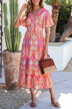 YSONA Paisley Print V-Neck Short Sleeve Boho Dress — front view | Women's Dress | Shop YSONA