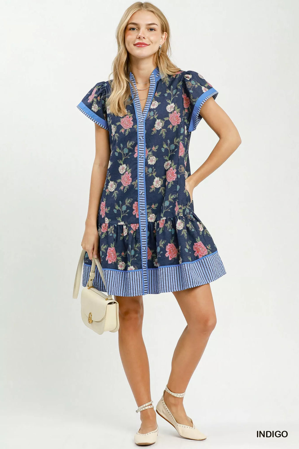 YSONA Umgee Floral Contrast Trim Ruffle Hem Mini Dress — model wearing | Women's Dress | Shop YSONA
