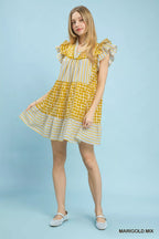 YSONA Umgee Mix Patchwork Flutter Sleeve Tiered Dress — close-up view | Women's Dress | Shop YSONA