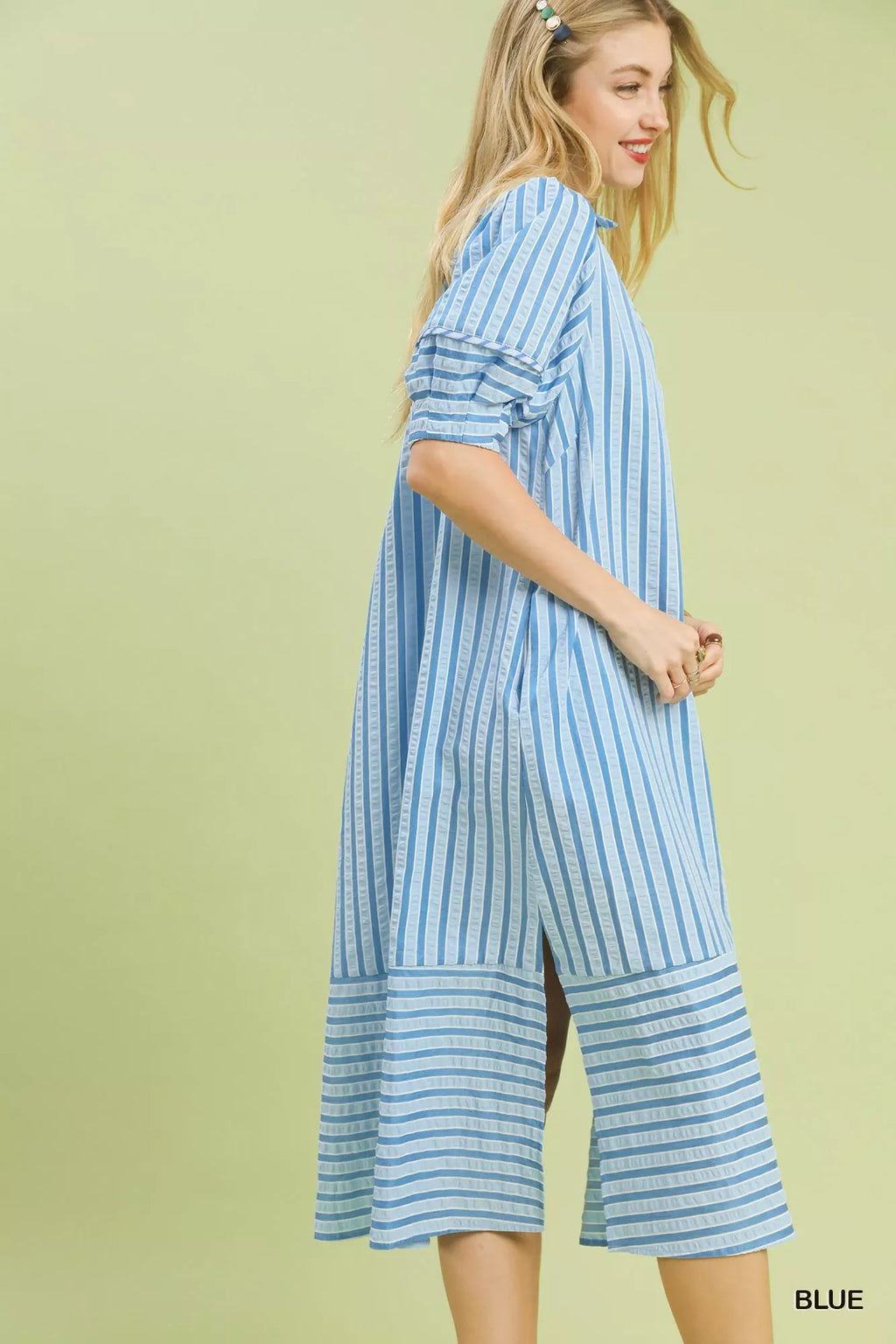 YSONA Umgee Striped Puff Sleeve Midi Dress — back view | Women's Dress | Shop YSONA