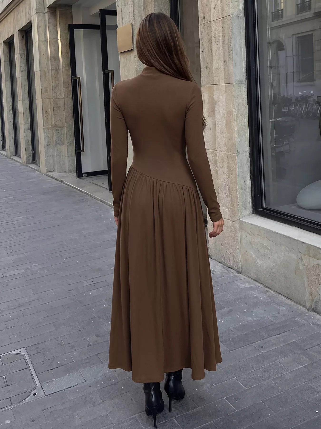 YSONA Mock Neck Long Sleeve Midi Dress — model wearing | Women's Dress | Shop YSONA