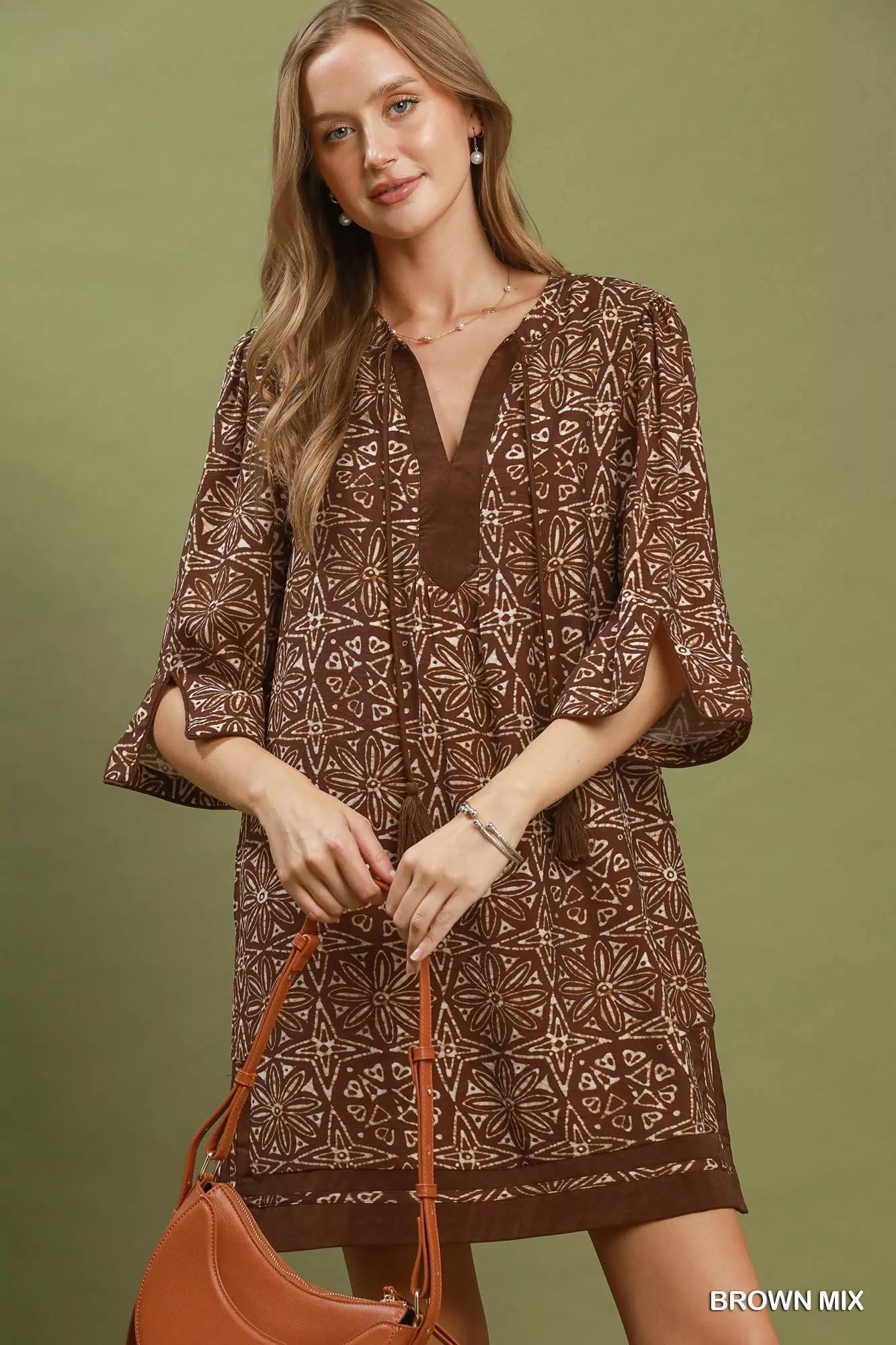 YSONA Umgee Mix Geometric Print V-Neck Tassel Detail Tunic Dress — detail view | Women's Dress