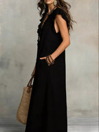 YSONA Full Size Ruffled V-Neck Cap Sleeve Maxi Dress Plus Size — model wearing | Women's Dress