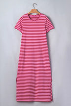 YSONA Stripe Striped Scalloped Trim Side Slit Maxi Tee Dress — close-up view | Women's Dress