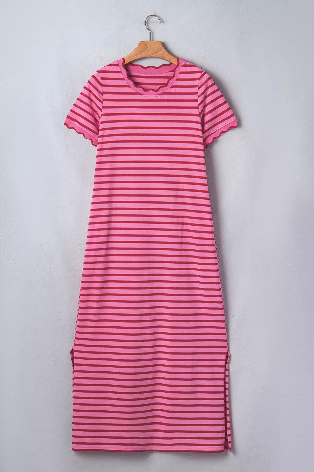 YSONA Stripe Striped Scalloped Trim Side Slit Maxi Tee Dress — close-up view | Women's Dress