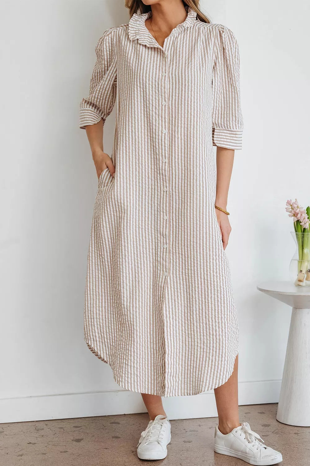 YSONA Stripe Frilled Collar Half Sleeve Shirt Dress — back view | Women's Dress | Shop YSONA