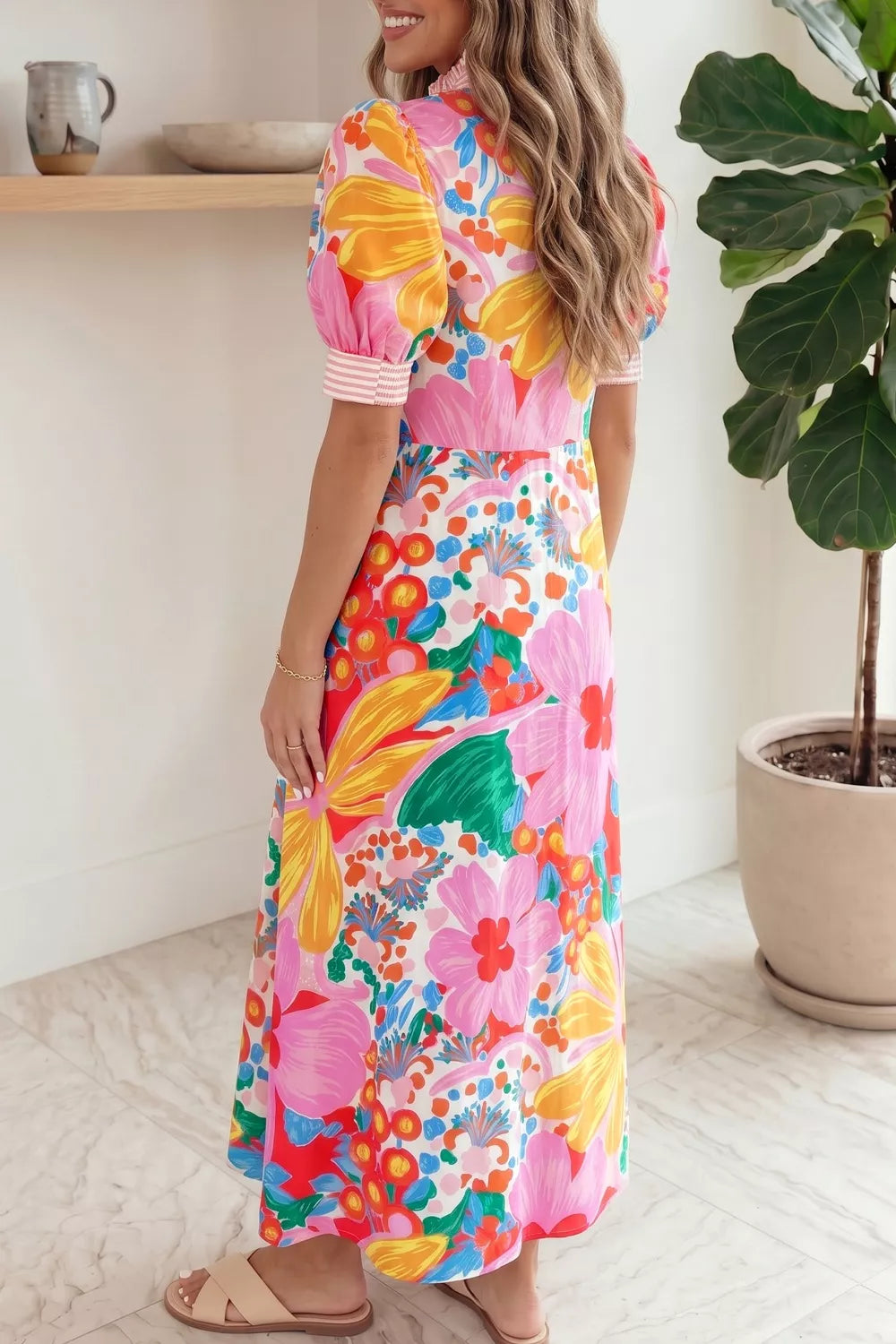 YSONA Floral Print Striped Trim Button Down Short Sleeve Maxi Dress — back view | Women's Dress