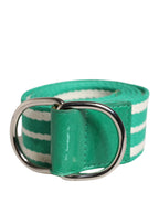 Red Valentino White Green Stripes Canvas Silver Metal Buckle Belt