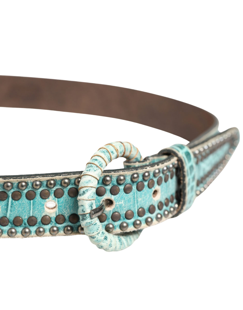 Scervino Street Women Green Leather Croco Print Studded Belt