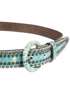Scervino Street Women Green Leather Croco Print Studded Belt