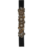 Dolce & Gabbana Black Gold Tone Crystal Brass Flower Brooches Belt