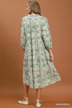 YSONA Umgee Linen Botanical Print Tiered Midi Dress — side view | Women's Dress | Shop YSONA