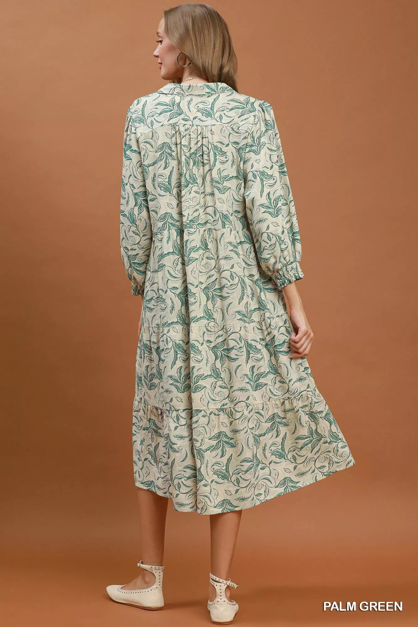 YSONA Umgee Linen Botanical Print Tiered Midi Dress — side view | Women's Dress | Shop YSONA