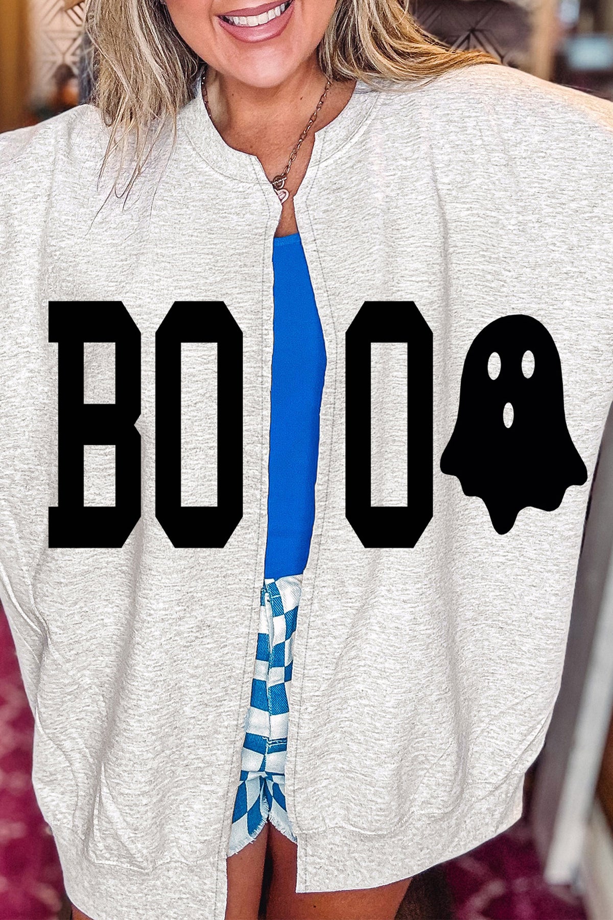 Light Grey Halloween Boo Ghost Print Open Front Sweatshirt
