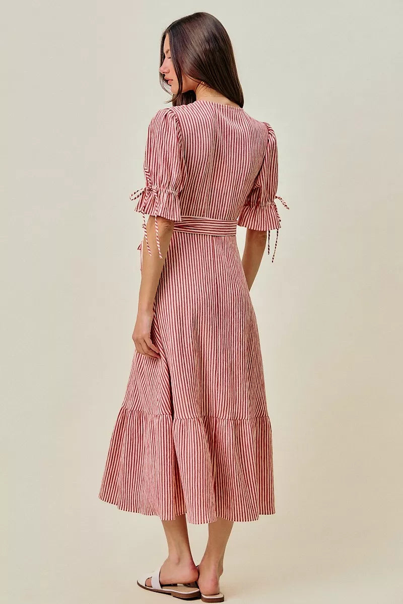 YSONA Stripe Textured Short Sleeves Lined Wrap Midi Dress — side view | Women's Dress | Shop YSONA