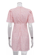 YSONA V-Neck Puff Sleeve Mini Dress with Lace Trim — full length view | Women's Dress | Shop YSONA
