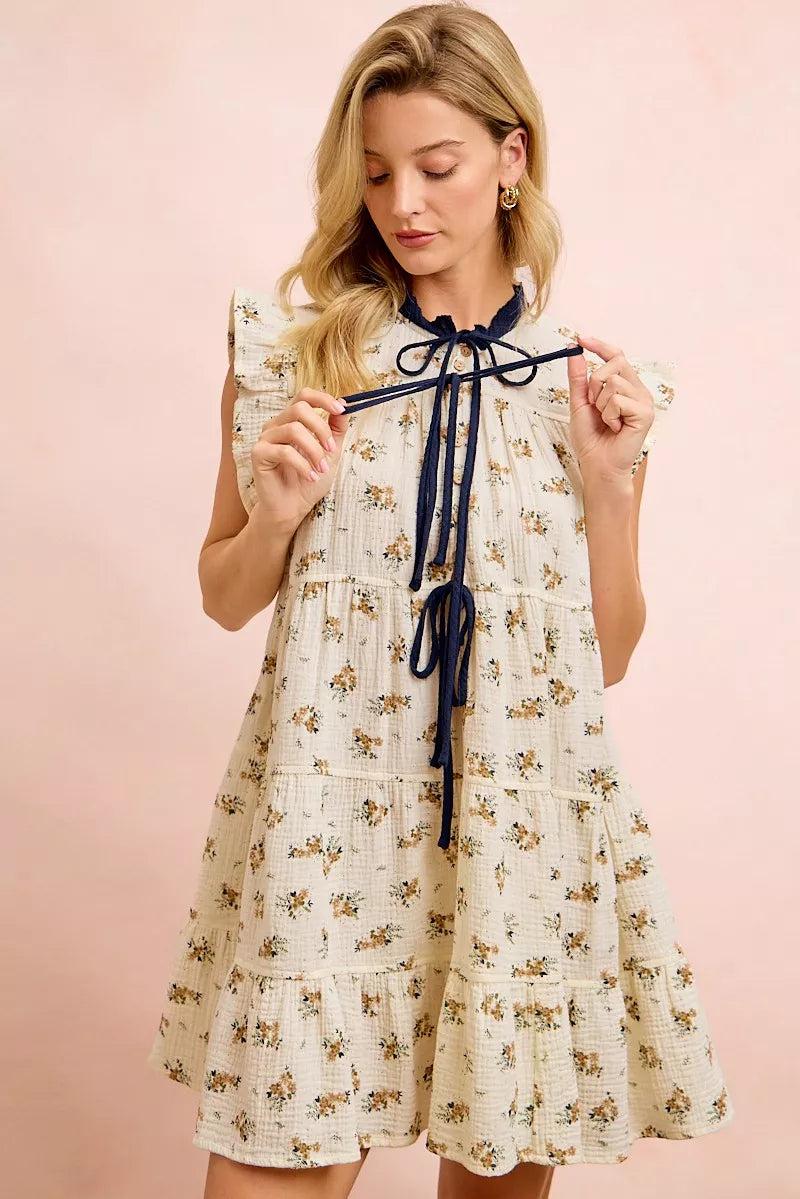 YSONA BiBi Floral Multi-tiered Dress With Ruffles And Front Tie — full length view | Women's Dress