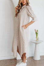 YSONA Stripe Frilled Collar Half Sleeve Shirt Dress — close-up view | Women's Dress | Shop YSONA