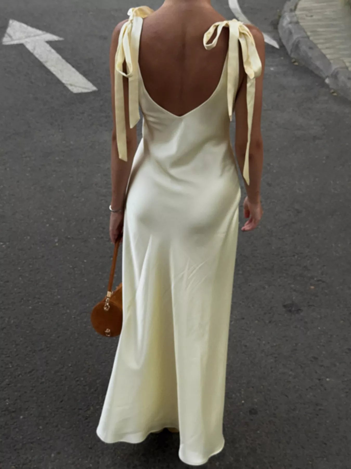 YSONA Satin Tie Shoulder Deep V-Neck Dress — side view | Women's Dress | Shop YSONA