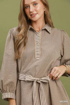 YSONA Umgee Striped Contrast Belted Puff Sleeve Mini Dress — model wearing | Women's Dress | Shop YSONA