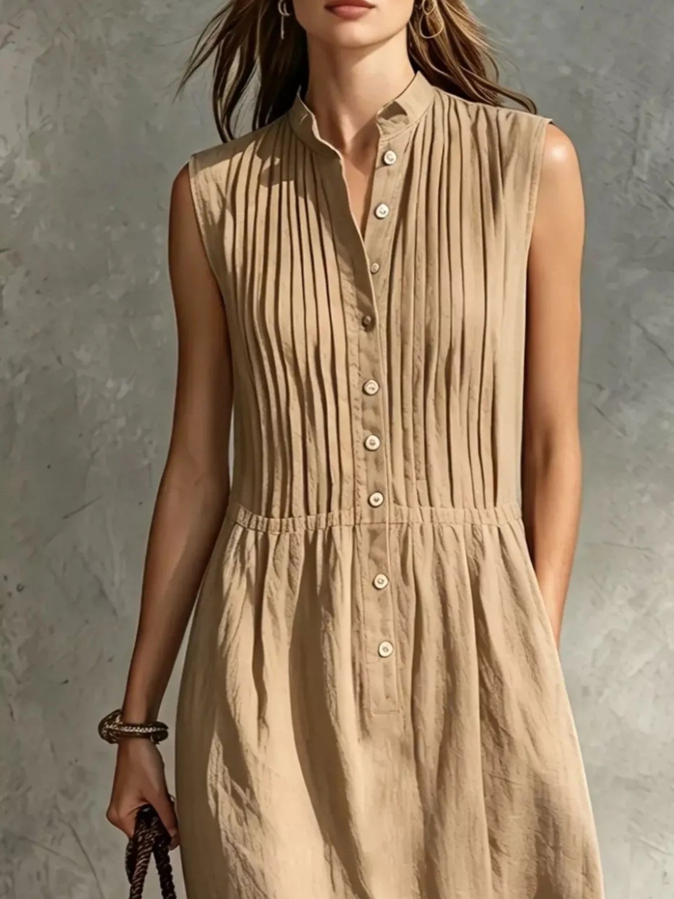 YSONA Full Size Sleeveless Button Front Midi Dress Plus Size — styling view | Women's Dress