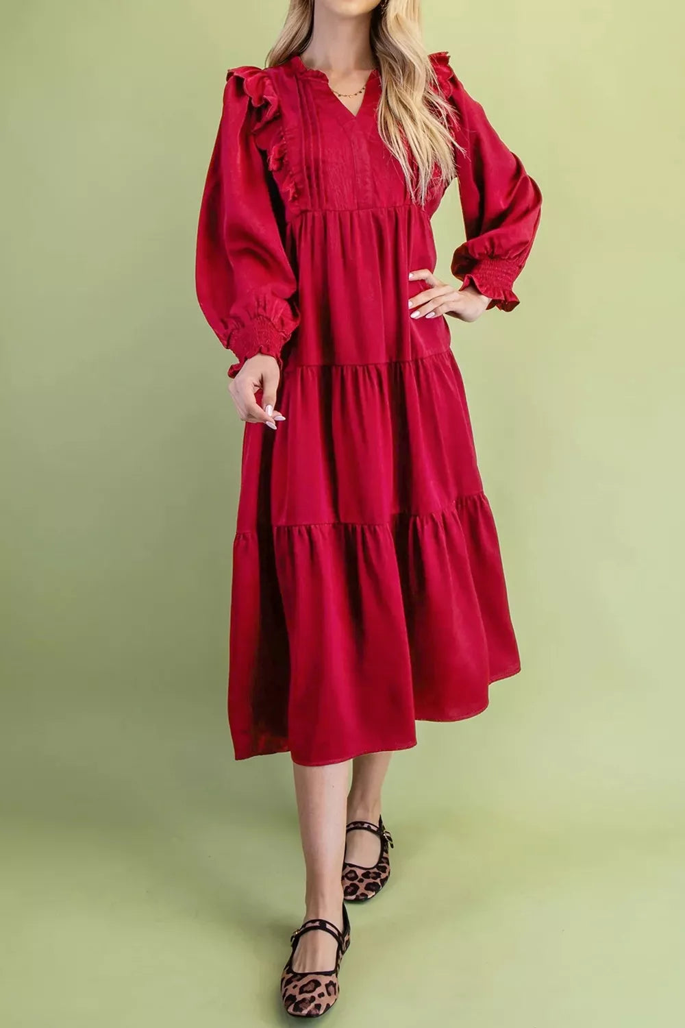YSONA Solid Color Ruffle Trim Long Sleeve Tiered Shift Midi Dress — side view | Women's Dress