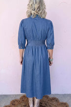 YSONA V Neck Shirred Waist Metal Zipper Denim Midi Dress — back view | Women's Dress | Shop YSONA