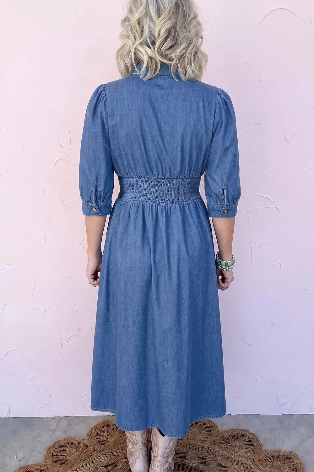YSONA V Neck Shirred Waist Metal Zipper Denim Midi Dress — back view | Women's Dress | Shop YSONA
