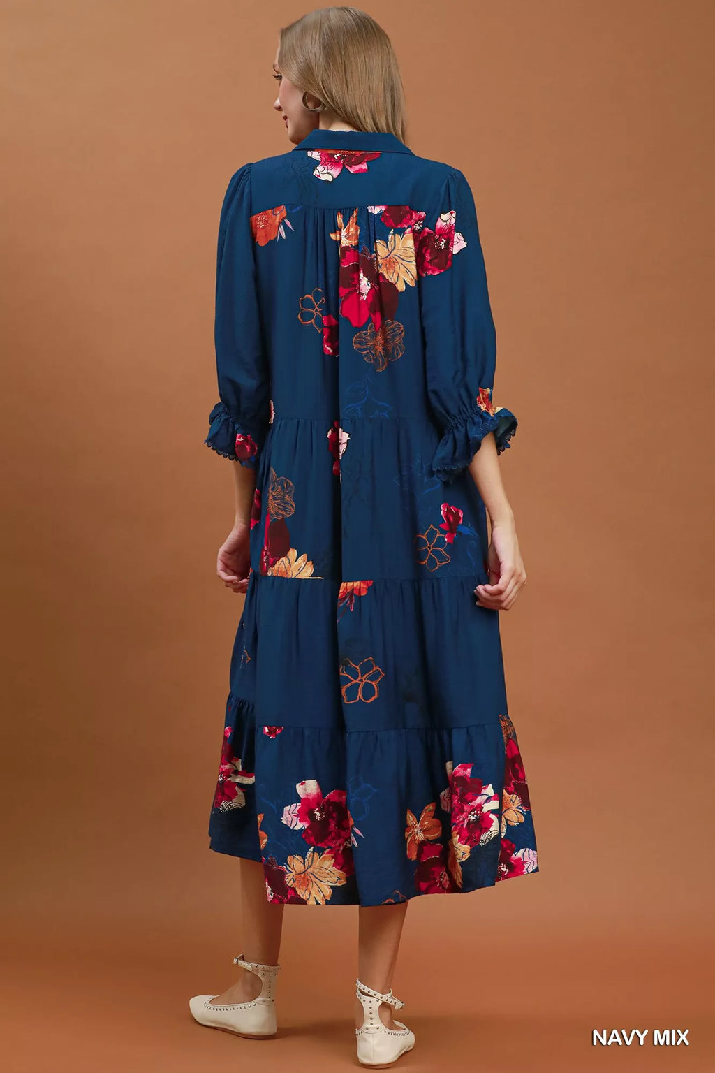 YSONA Umgee Floral Print Tiered Midi Dress with Puff Sleeves — side view | Women's Dress | Shop YSONA