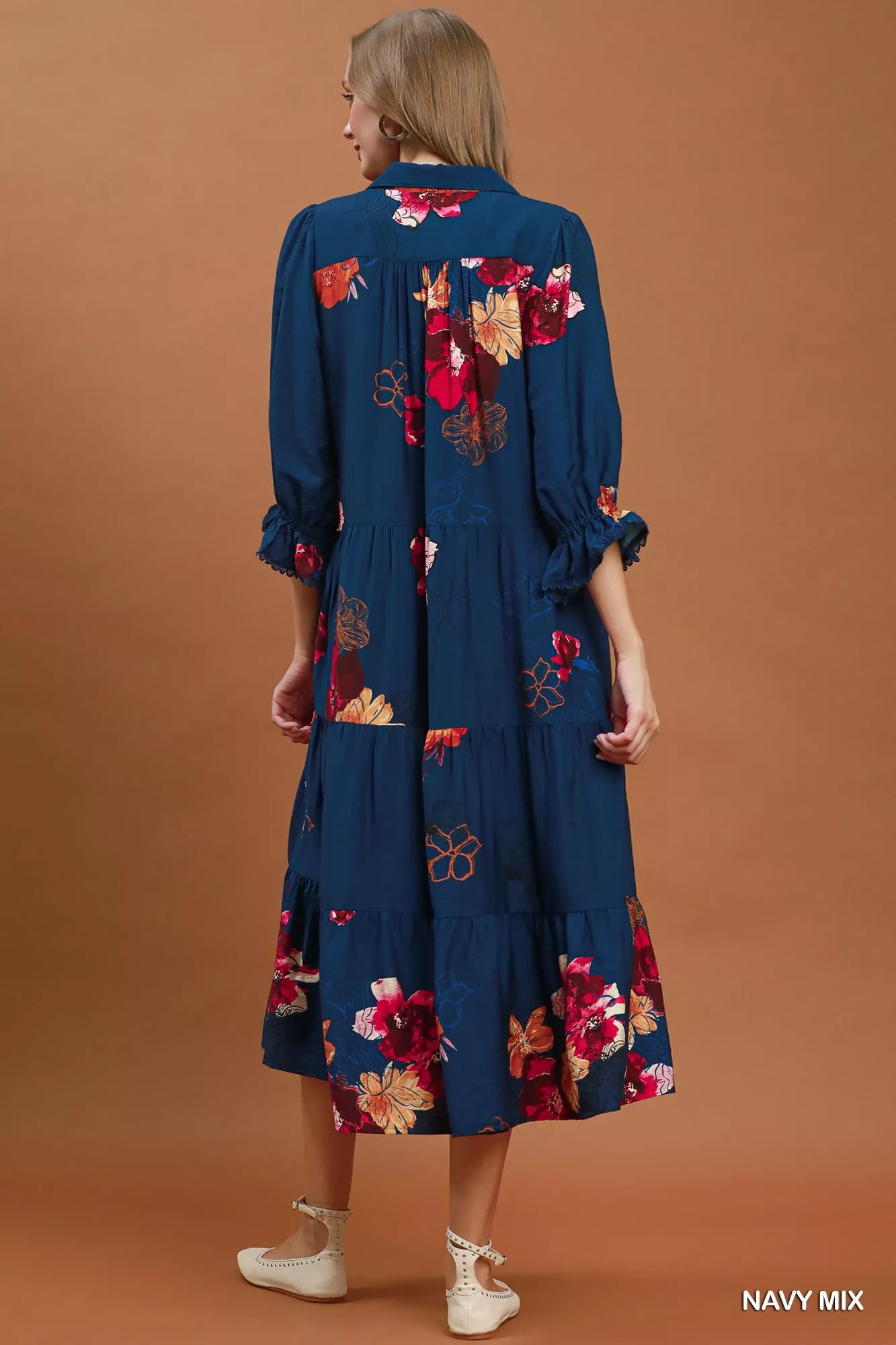 YSONA Umgee Floral Print Tiered Midi Dress with Puff Sleeves — side view | Women's Dress | Shop YSONA