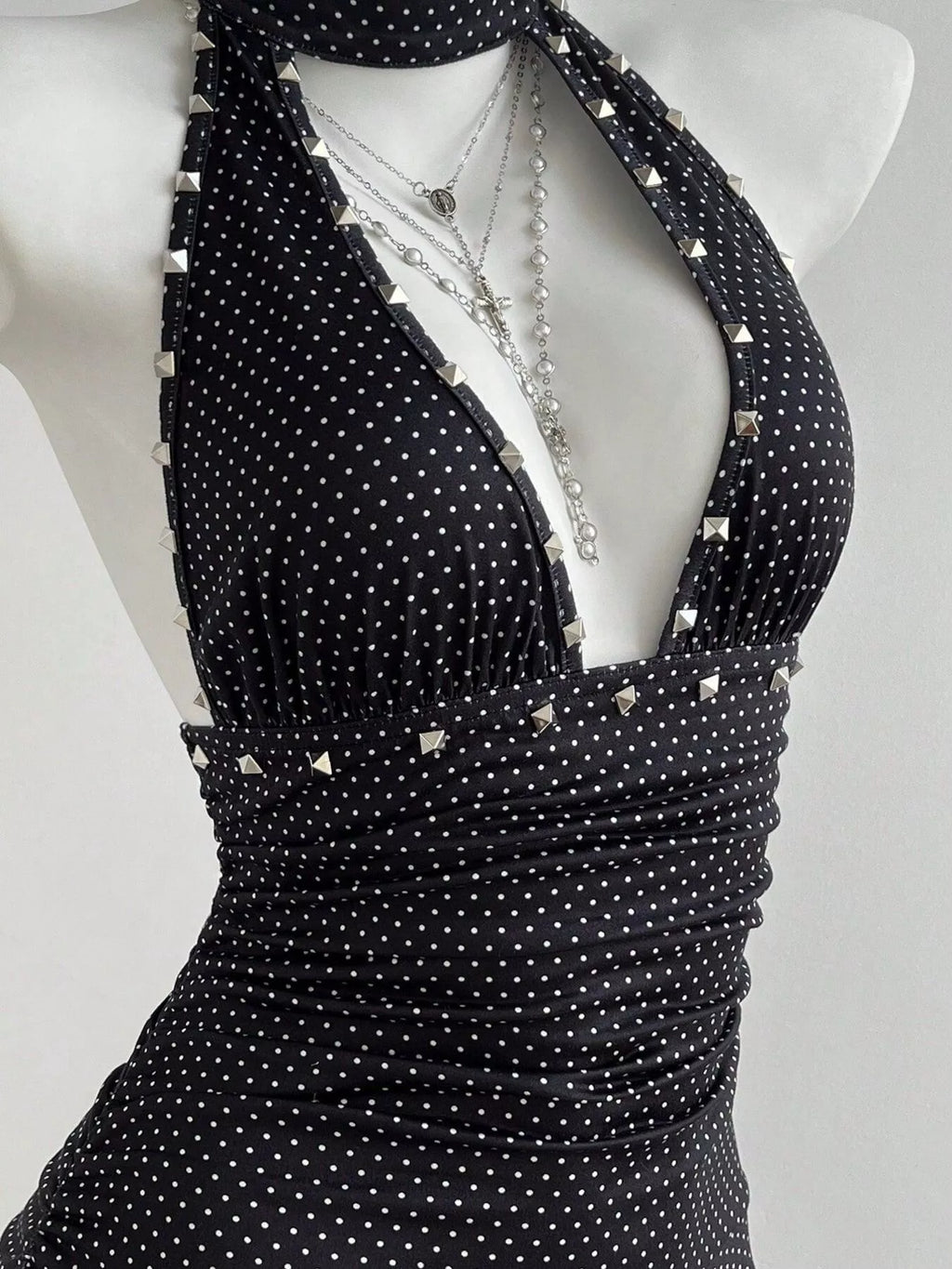 YSONA Polka Dot Cutout Front Halter Neck Dress — model wearing | Women's Dress | Shop YSONA