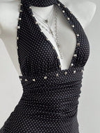 YSONA Polka Dot Cutout Front Halter Neck Dress — model wearing | Women's Dress | Shop YSONA