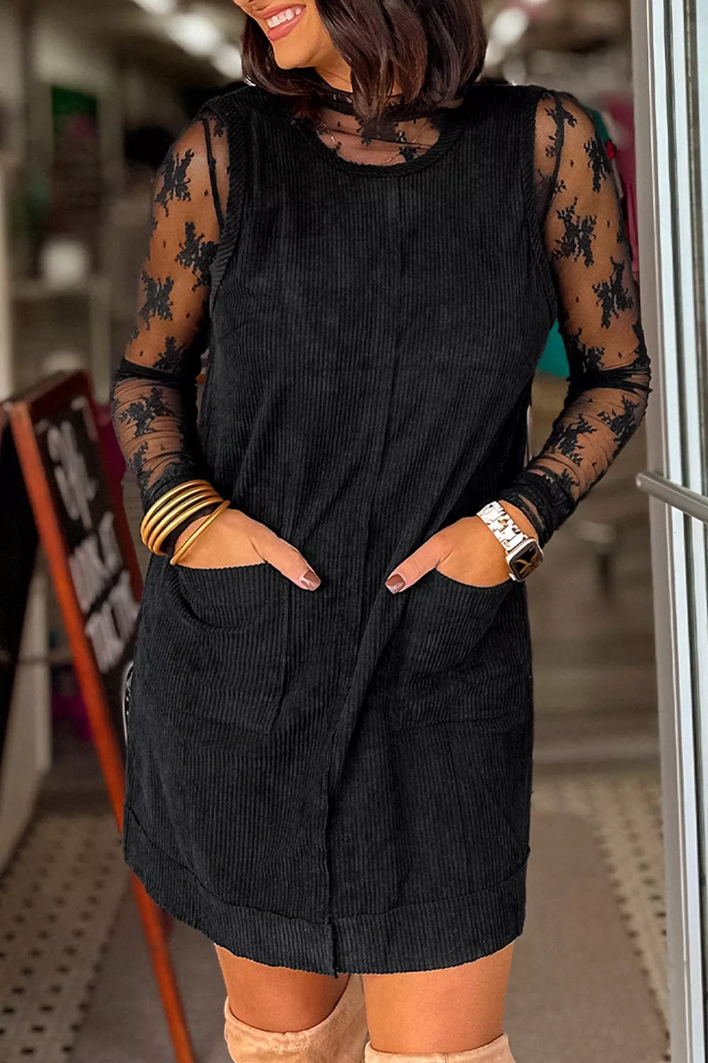 YSONA Corduroy Patch Pocket Sleeveless Mini Dress — front view | Women's Dress | Shop YSONA